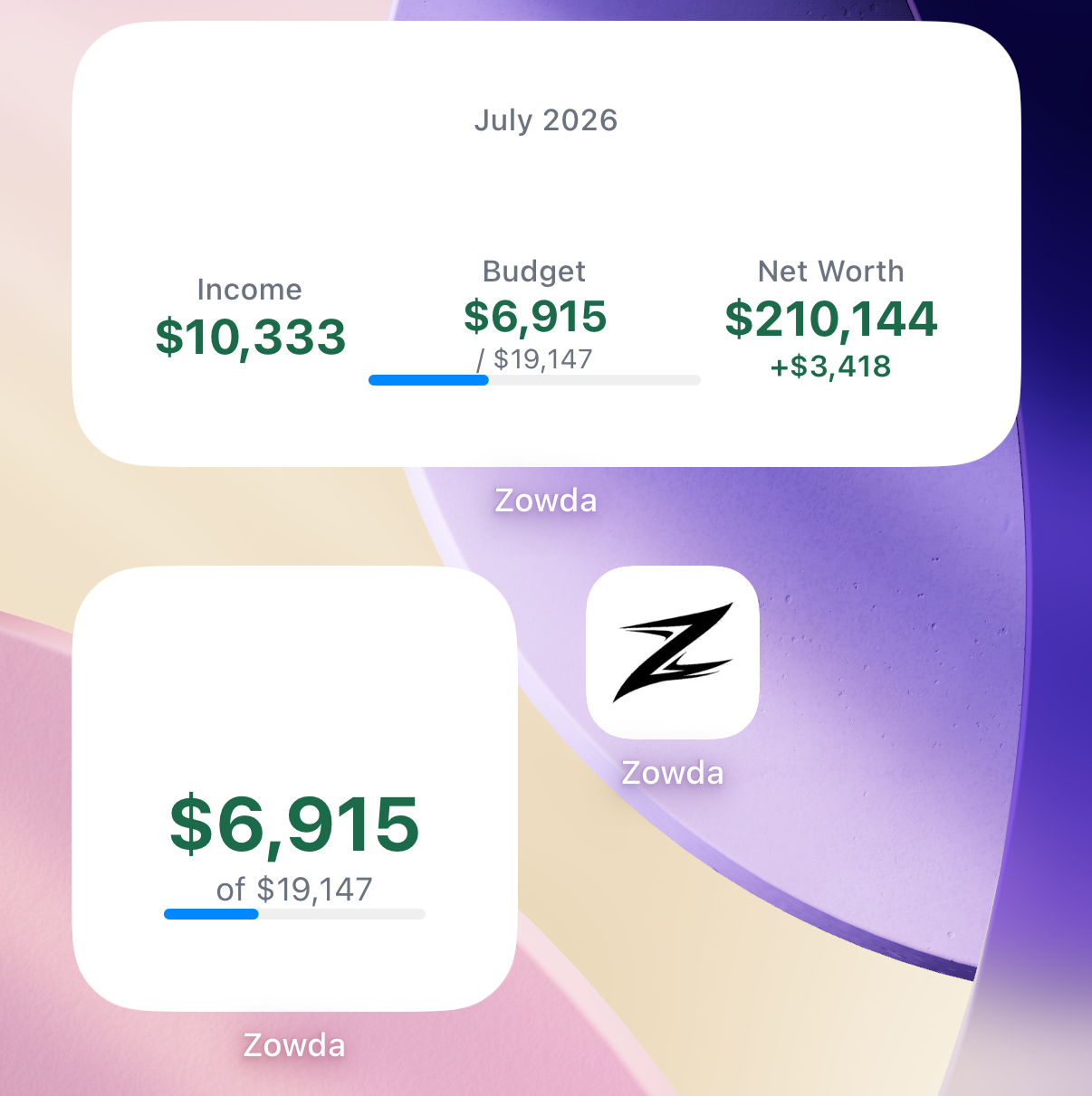 Zowda home screen widgets showing income, budget progress, and net worth
